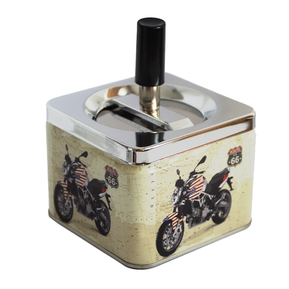 Scrumiera metalica Pufo American motorcycle antivant cu buton, 9 cm