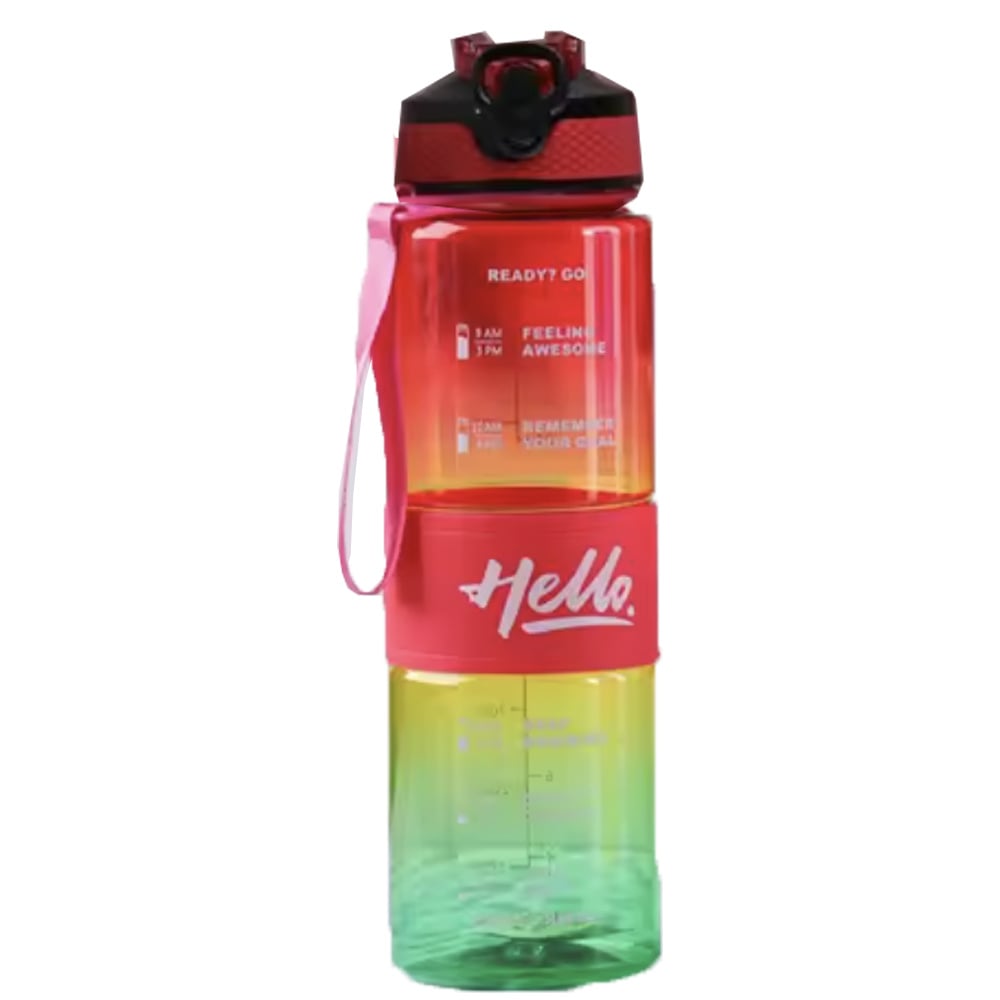 Sticla apa Pufo Motivational pentru sport, fitness, antrenamente, cu pai inclus, 1L, rosu/verde