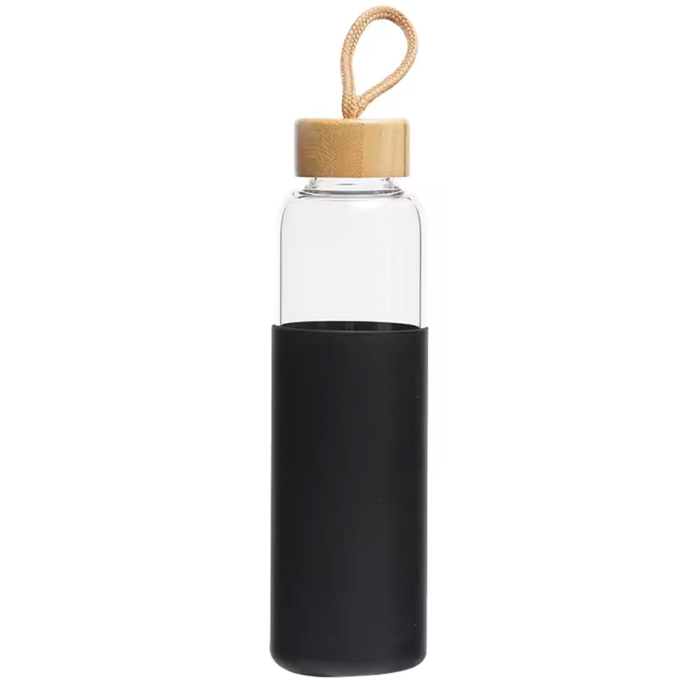 Sticla Pufo Hydrate pentru apa sau lichide din material borosilicat cu protectie din silicon si capac etans din bambus, 550 ml, negru