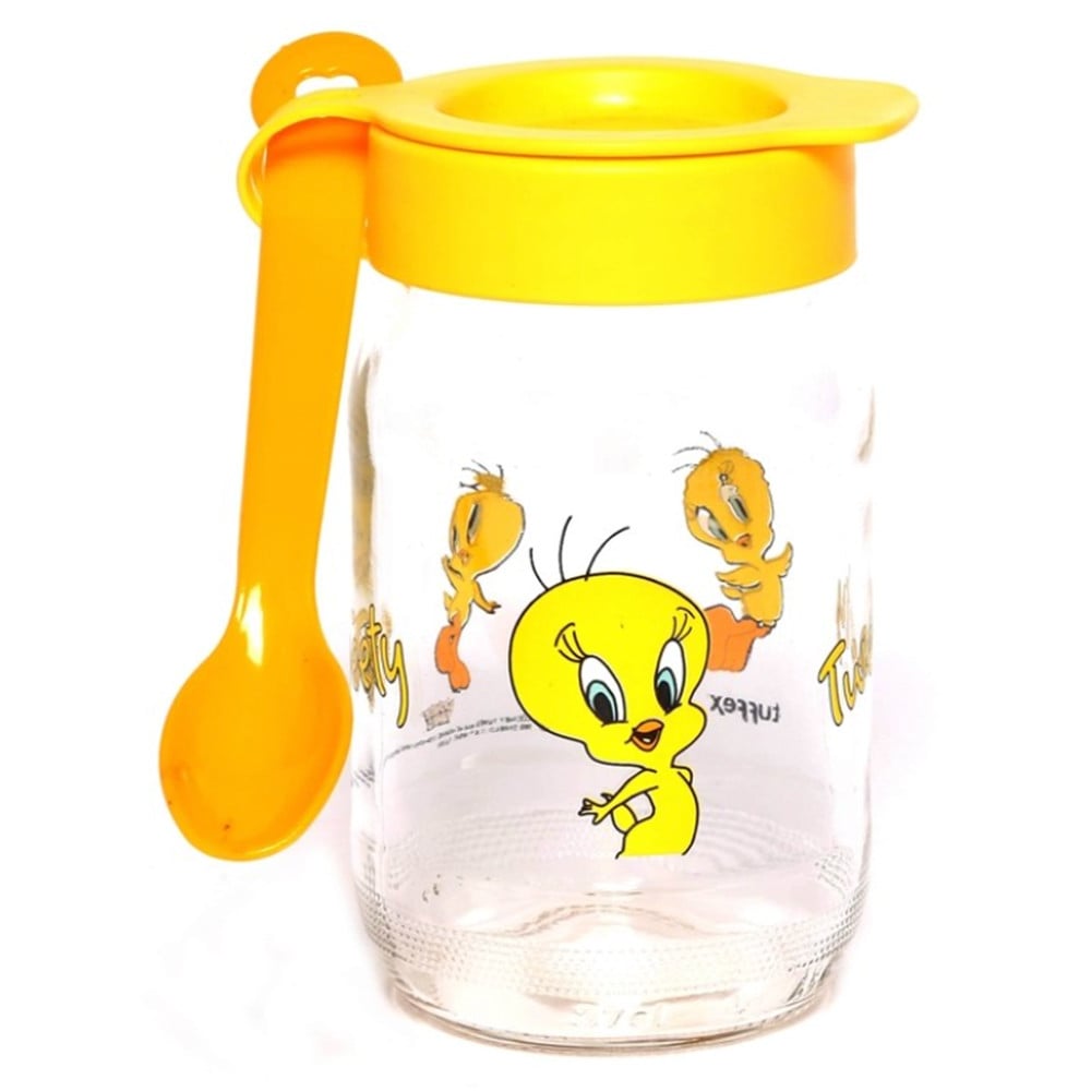 Borcan din sticla cu lingurita si capac Tweety pentru depozitare, servirea mesei la copii, 13 cm - 2 | YEO