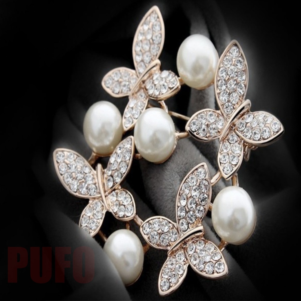 Brosa dama eleganta in forma de fluturi, cu margele albe, Shine Butterflies, auriu - 1 | YEO