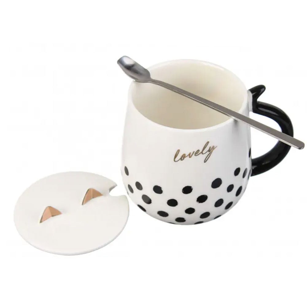 Cana ceramica cu capac si lingurita Pufo Lovely pentru cafea sau ceai, 450 ml, alb - 1 | YEO