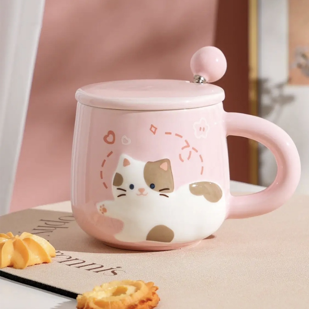 Cana cu capac din ceramica si lingurita Pufo Happy Kitty pentru cafea sau ceai, 350 ml, roz - 2 | YEO