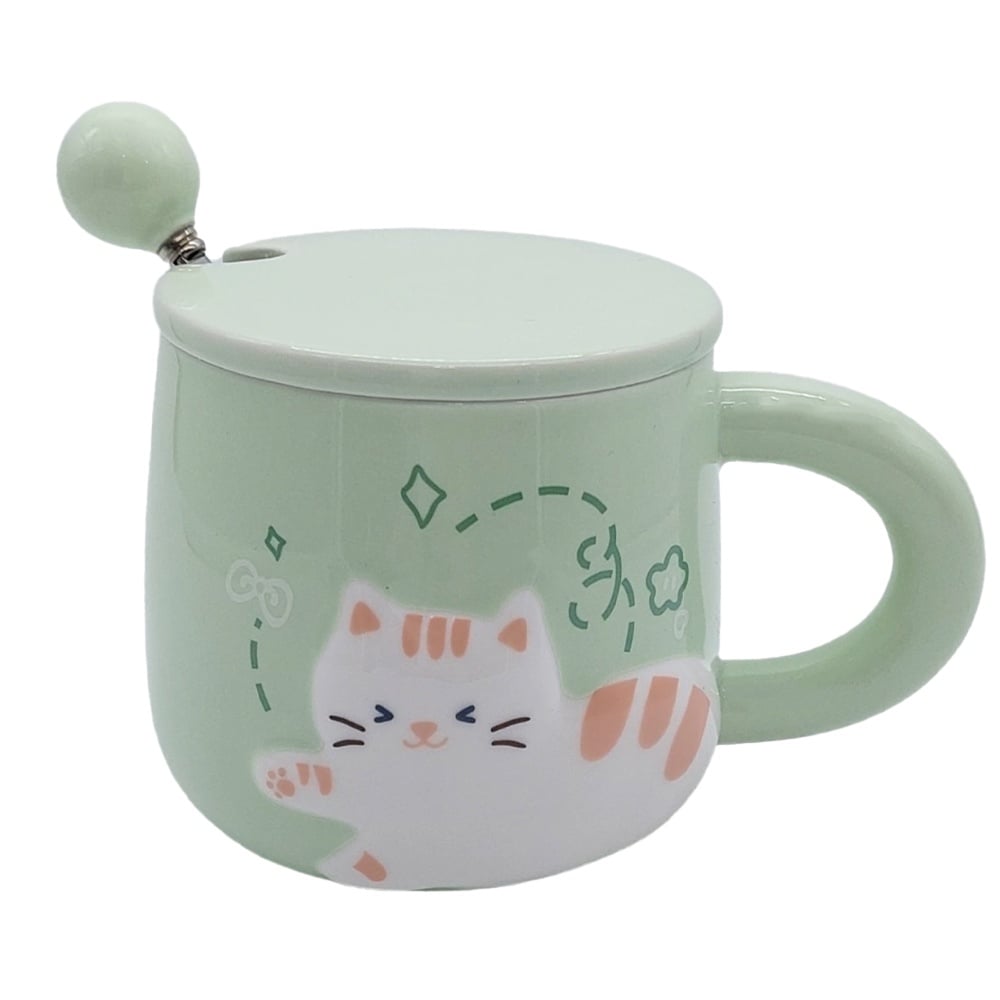 Cana cu capac din ceramica si lingurita Pufo Happy Kitty pentru cafea sau ceai, 350 ml, verde