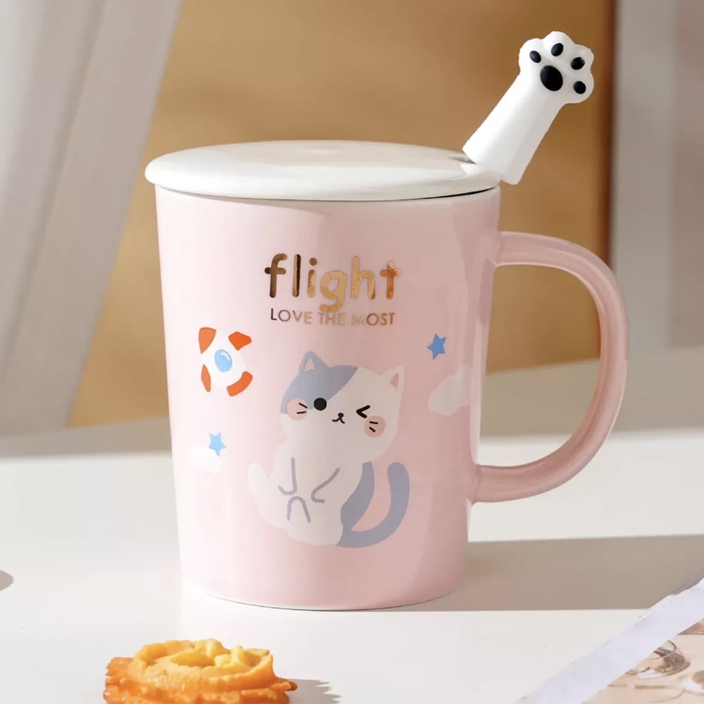 Cana cu capac din ceramica si lingurita Pufo Love Kitty pentru cafea sau ceai, 250 ml, roz - 1 | YEO