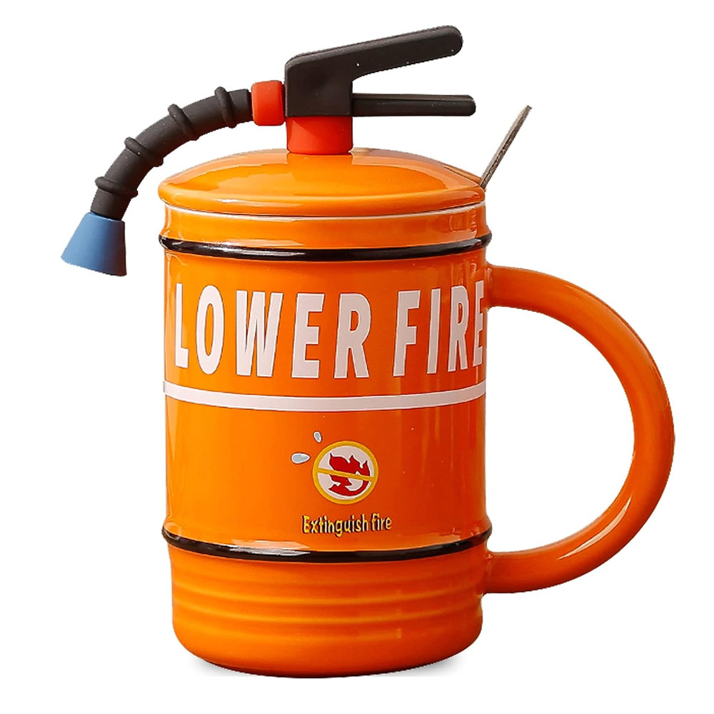 Cana cu capac din ceramica si lingurita Pufo Stop Fire pentru cafea sau ceai, 400 ml, portocaliu