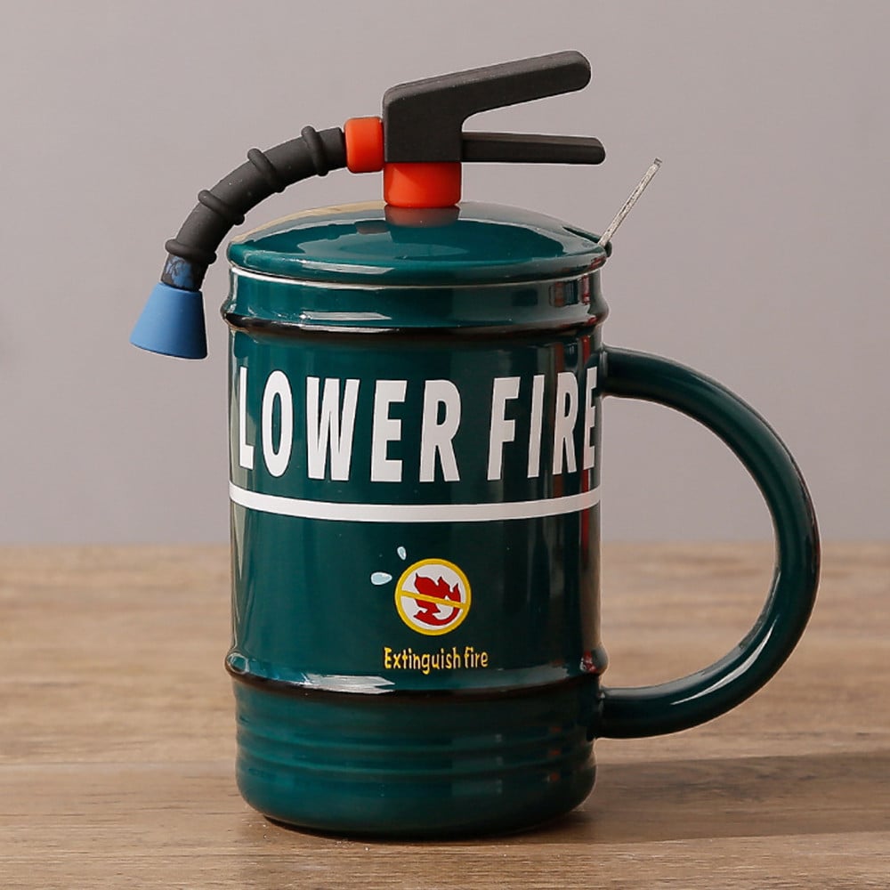 Cana cu capac din ceramica si lingurita Pufo Stop Fire pentru cafea sau ceai, 400 ml, verde - 3 | YEO