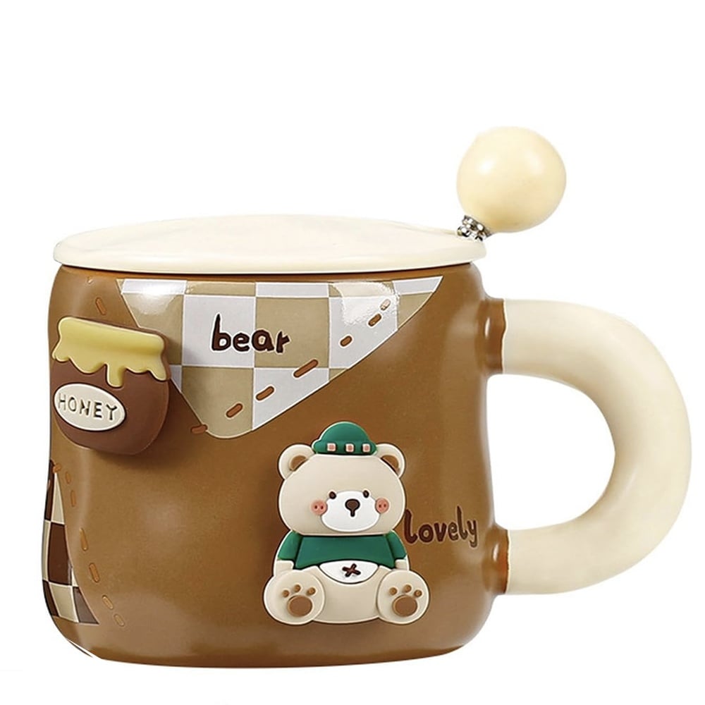 Cana cu capac din ceramica si lingurita Pufo Sweat Bear pentru cafea sau ceai, 350 ml