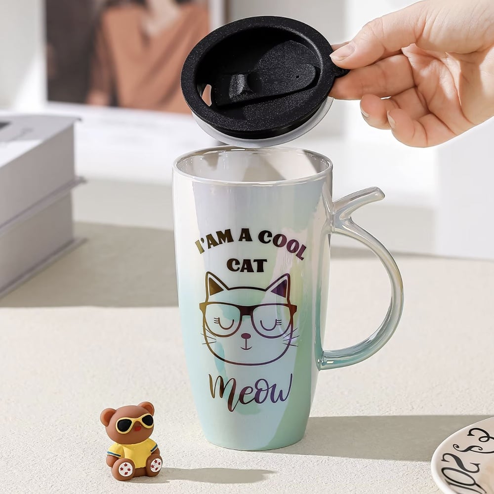 Cana inalta din ceramica cu capac Pufo Cool Cat, pentru cafea sau ceai, 450 ml - 3 | YEO