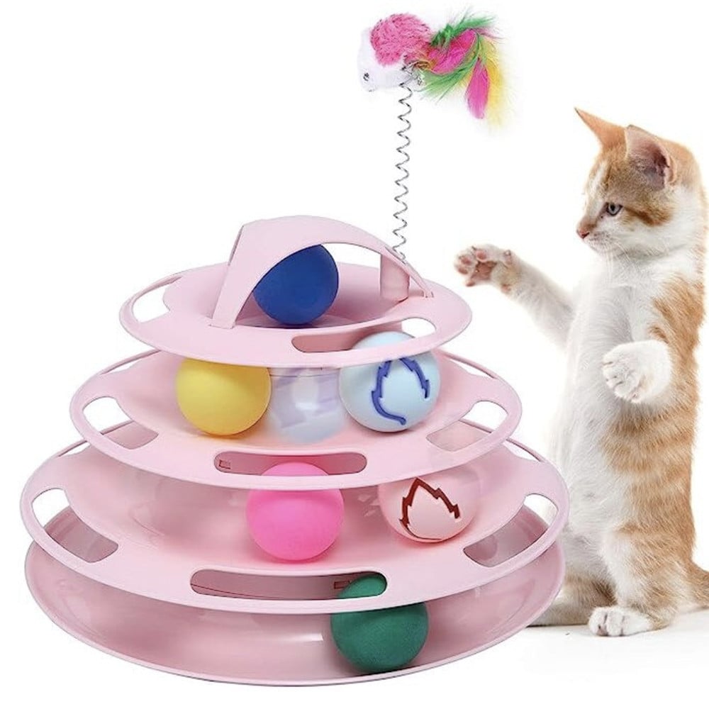 Jucarie interactiva Pufo Kitty pentru pisici, in forma de turn cu bilute culorate, roz - 1 | YEO