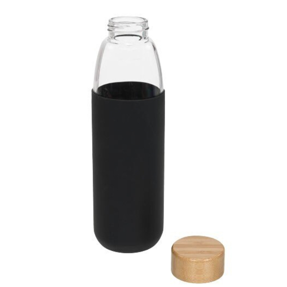 Sticla pentru apa sau lichide din material borosilicat cu protectie din silicon si capac etans din bambus, 550 ml, negru - 3 | YEO