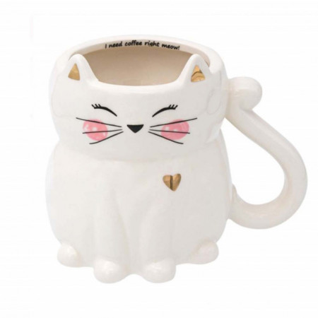 Cana ceramica Pufo Catty pentru ceai sau cafea, 420 ml, alb