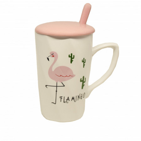 Cana cu capac din ceramica si lingurita Pufo Flamingo pentru cafea sau ceai, 12 cm