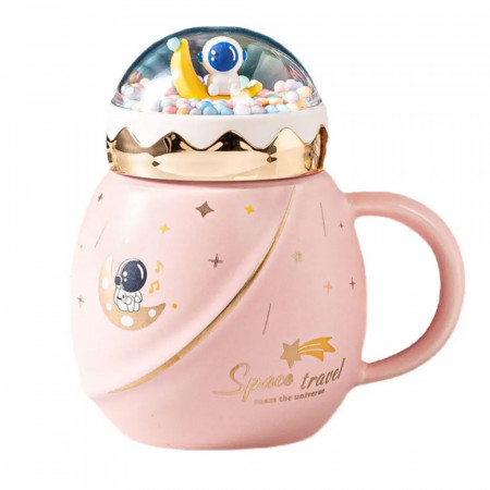 Cana cu capac tip ceainic din ceramica si lingurita Pufo Travel the Space pentru cafea sau ceai, 500 ml, roz