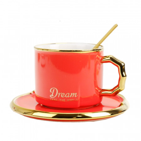 Cana din ceramica si lingurita Pufo Luxury pentru cafea sau ceai, 230 ml, portocaliu