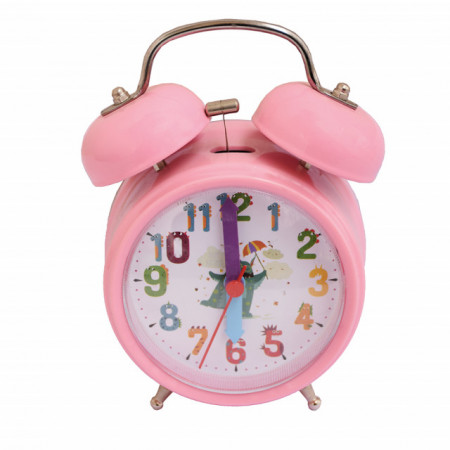 Ceas de masa desteptator pentru copii Pufo Happy Monster, cu buton de iluminare cadran, 15 cm, roz