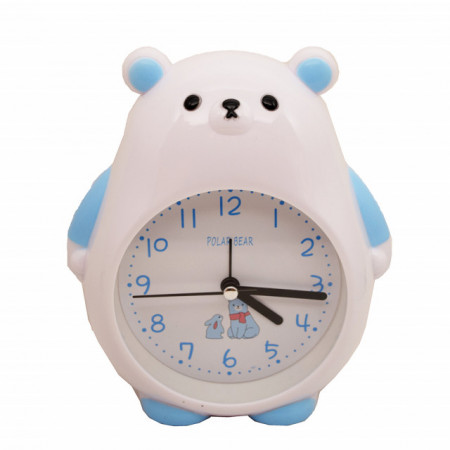 Ceas de masa desteptator pentru copii Pufo, model Ursuletul Grijuliu , 26 cm, alb/ albastru