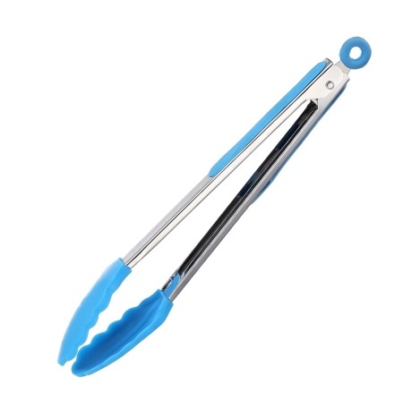 Cleste de bucatarie metalic Pufo Serve pentru servire, grill, friptura, cu maner otel, varf din silicon, 30 cm, albastru