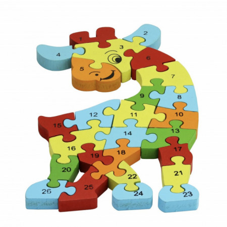 Puzzle din lemn Pufo pentru copii cu numere si cifre, model Girafa vesela, 26 piese, 29 cm