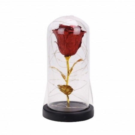 Trandafir in cupola de sticla Pufo Sparkle Rose, decorat cu lumini LED, 22 cm, rosu