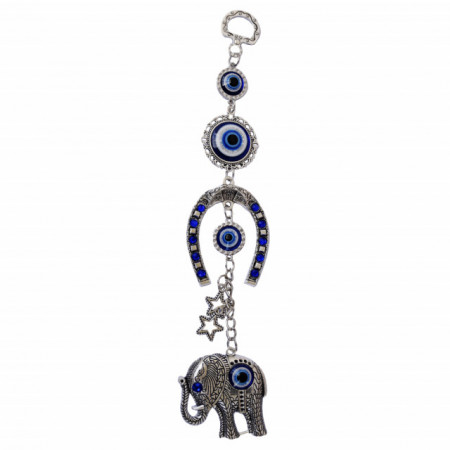 Amuleta Feng Shui pentru protectie si noroc, model elefant, potcoava si Ochiul lui Horus, argintiu