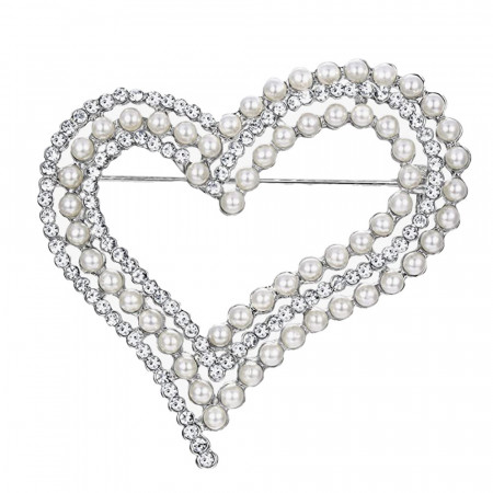 Brosa dama eleganta in forma de inima cu pietricele si perle acrilice, Silver heart