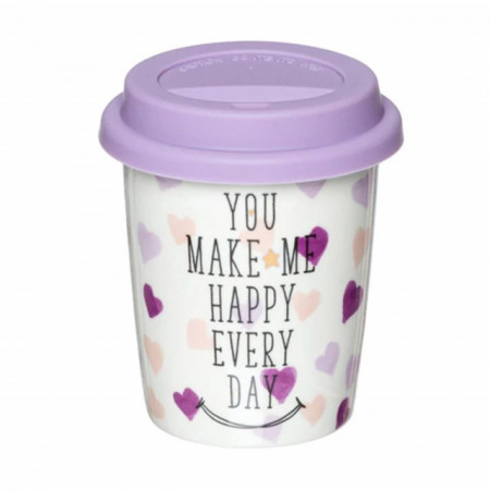 Cana ceramica Pufo Make me Happy pentru cafea cu capac din silicon, 300 ml