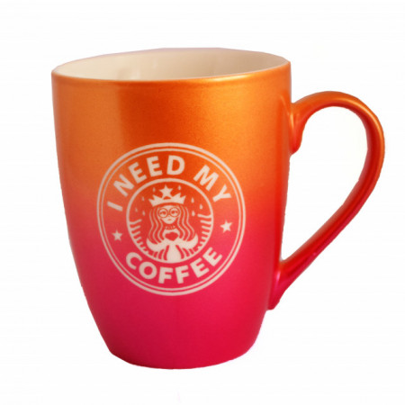 Cana ceramica Pufo Need Coffee, pentru ceai, cafea, suc, 360 ml, portocaliu/roz