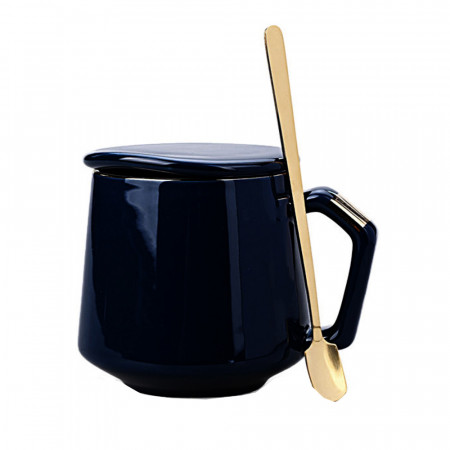 Cana cu capac din ceramica si lingurita Pufo Elegance pentru cafea sau ceai, 300 ml, negru