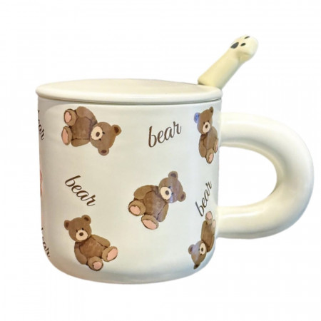 Cana cu capac din ceramica si lingurita Pufo Little Bears pentru cafea sau ceai, 350 ml