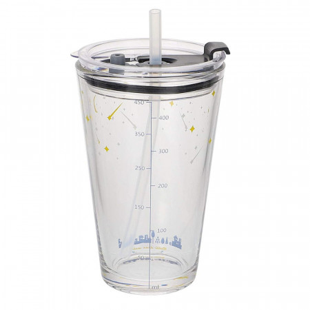Cana din sticla transparenta Pufo Stars pentru cafea cu capac, 450 ml