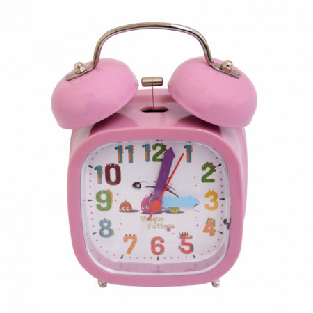 Ceas de masa desteptator pentru copii Pufo Little Friends, cu buton de iluminare cadran, 15 cm, patrat, mov