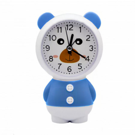 Ceas de masa desteptator pentru copii Pufo, model Ursuletul Zambarici, 16 cm, alb/albastru