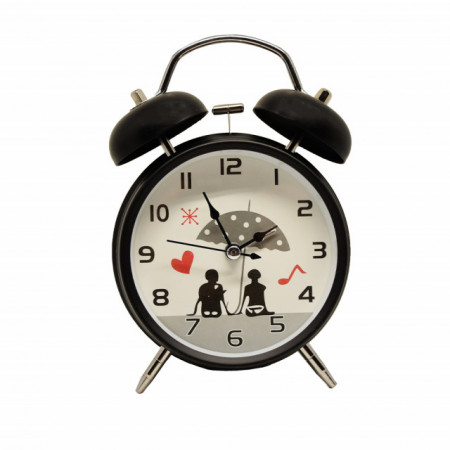Ceas de masa desteptator Pufo Couple, metalic, 15 cm, negru