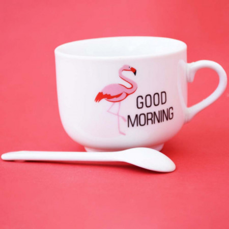 Ceasca din ceramica si lingurita Pufo, model Good Morning, 120 ml, alb