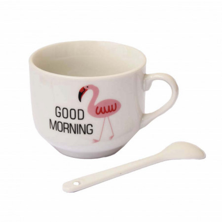 Ceasca din ceramica si lingurita Pufo, model Good Morning Flamingo, 120 ml, alb