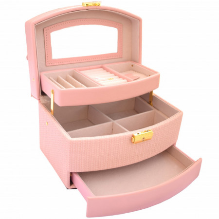 Cutie eleganta de dama Pufo Elegance pentru depozitare si organizare bijuterii si accesorii, model etajat, roz