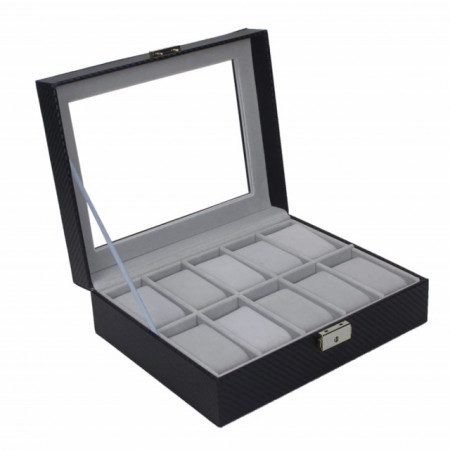 Cutie eleganta Pufo pentru depozitare si organizare cu compartimente pentru 10 ceasuri, negru