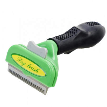 Perie toaletare caini cu par lung si greutatea 9-22 kg, buton de curatare lama si maner ergonomic, verde