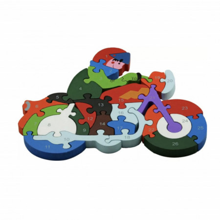 Puzzle din lemn Pufo pentru copii cu numere si cifre, model Motoclist, 24 piese, 26 cm