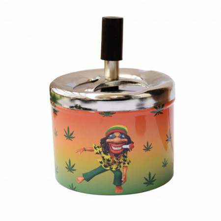 Scrumiera amuzanta din metal Pufo Happy Man, cu mecanism de inchidere si buton