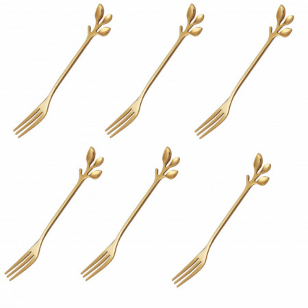 Set 6 furculite Pufo Leaf pentru desert, fructe, otel inoxidabil, maner in forma de frunzulita, auriu, 13 cm