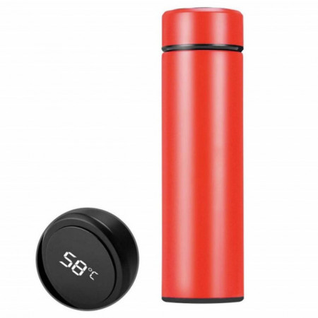 Sticla termos LED cu indicator de temperatura, inox, 500 ml, rosu