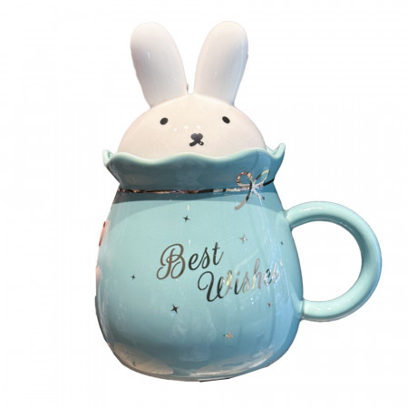 Cana ceramica cu capac Pufo Bunny, pentru cafea sau ceai, 500 ml, verde