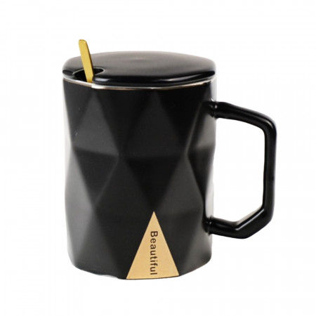 Cana cu capac din ceramica si lingurita Pufo Hey Beautiful pentru cafea sau ceai, 350 ml, negru