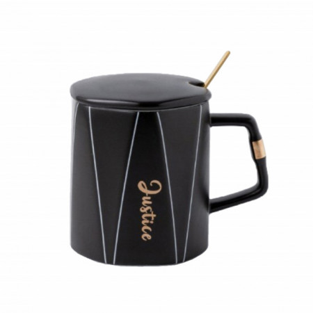 Cana cu capac din ceramica si lingurita Pufo Justice pentru cafea sau ceai, 320 ml, negru