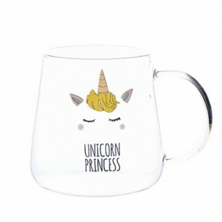 Cana din sticla cu capac din bambus Pufo Unicorn Princess, pentru cafea sau ceai, 350 ml, transparent