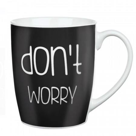 Cana Pufo Don't Worry pentru ceai, cafea, suc, cu mesaj motivational, 360 ml, negru