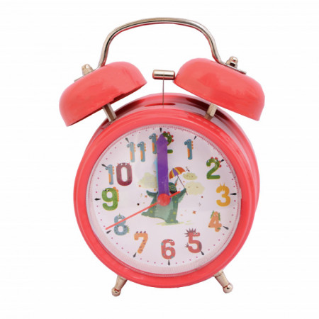 Ceas de masa desteptator pentru copii Pufo Happy Monster, cu buton de iluminare cadran, 15 cm, rosu