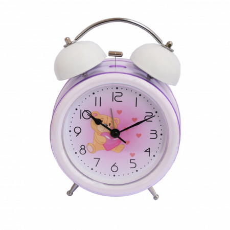 Ceas de masa desteptator pentru copii Pufo Joy, cu buton de iluminare cadran, 16 cm, model Bear in Love
